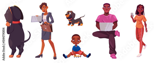 People with gadgets, child and dogs set isolated on white background. Vector cartoon illustration of African man and woman using laptop and tablet, girl with smartphone, boy playing toys, cute puppies