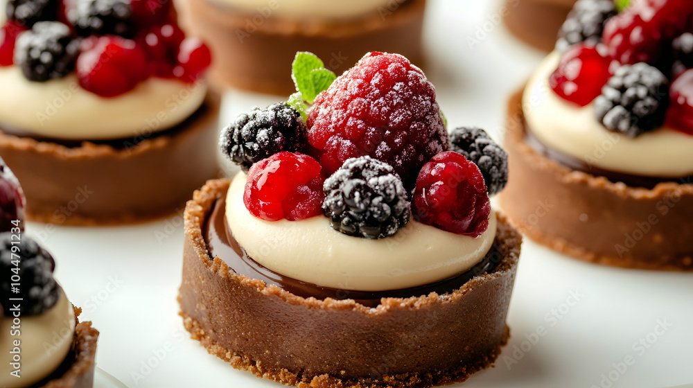 Detailed photos of gourmet desserts such as chocolate mousse or fruit tarts