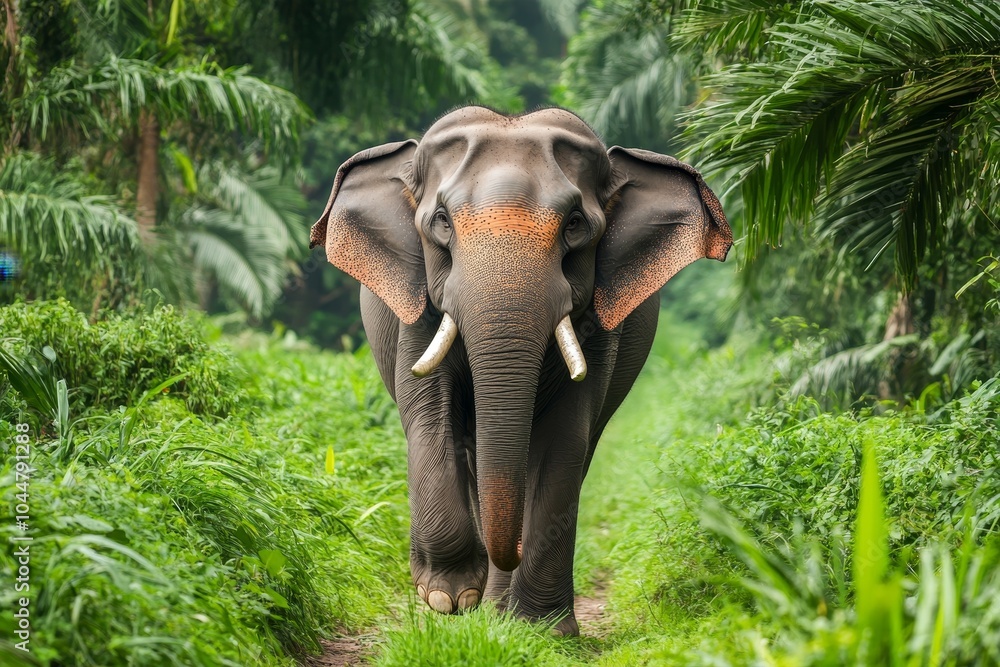 Fototapeta premium A Majestic Elephant Gracefully Strolling Through a Lush Green Jungle Path Surrounded by Tropical Plants and Trees