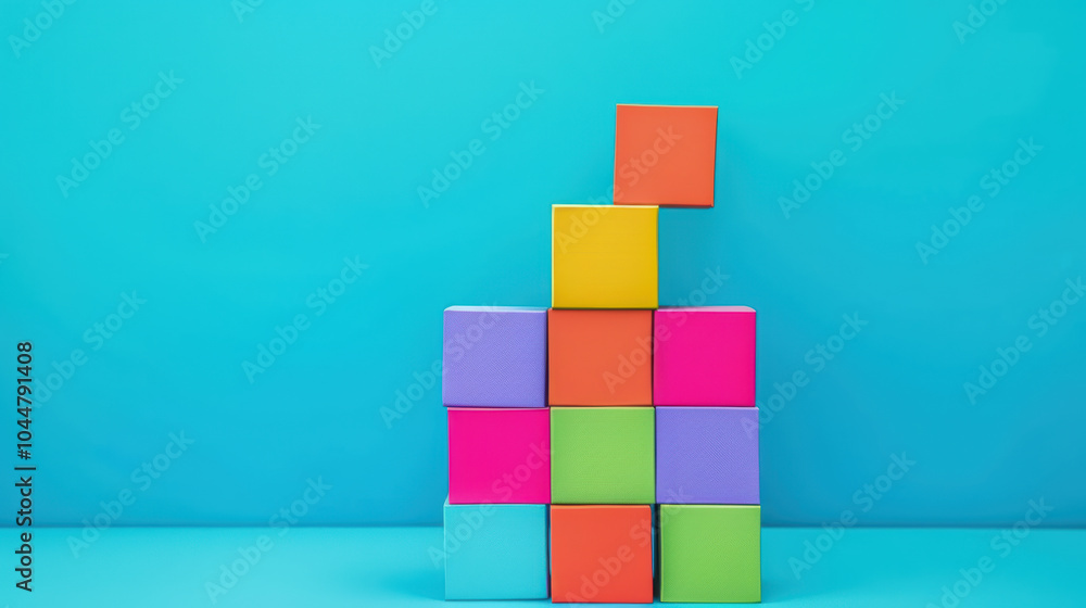 Colorful blocks arranged in playful design against bright blue background create vibrant and creative business concept. This evokes sense of fun and innovation Colorful blocks arranged in playful design against bright blue background create vibrant and creative business concept. This evokes sense of fun and innovation
