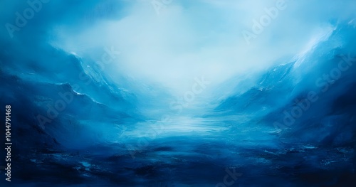 Abstract Blue Landscape with a Mountain Valley Opening to a Bright Light Source