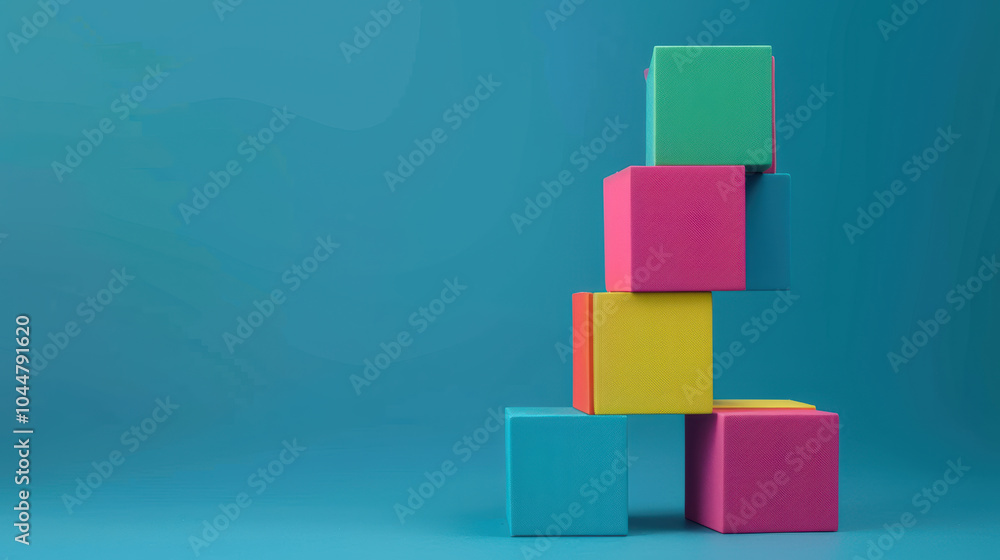 Colorful blocks stacked creatively against vibrant blue background, showcasing playful and artistic business concept. arrangement evokes sense of innovation and fun