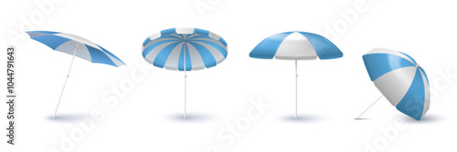 Striped beach umbrella mockups set isolated on white background. Vector realistic illustration of open blue sunshade parasol, garden or poolside protective accessory, summer vacation equipment