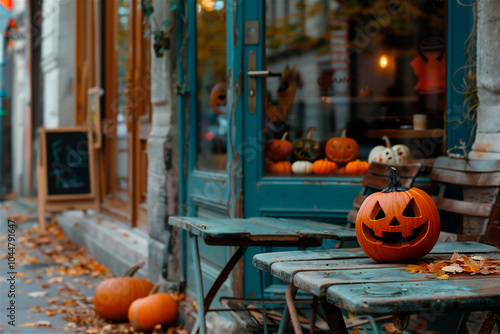 AI-generated photo with Halloween street outdoor decoration. On a autumn city background