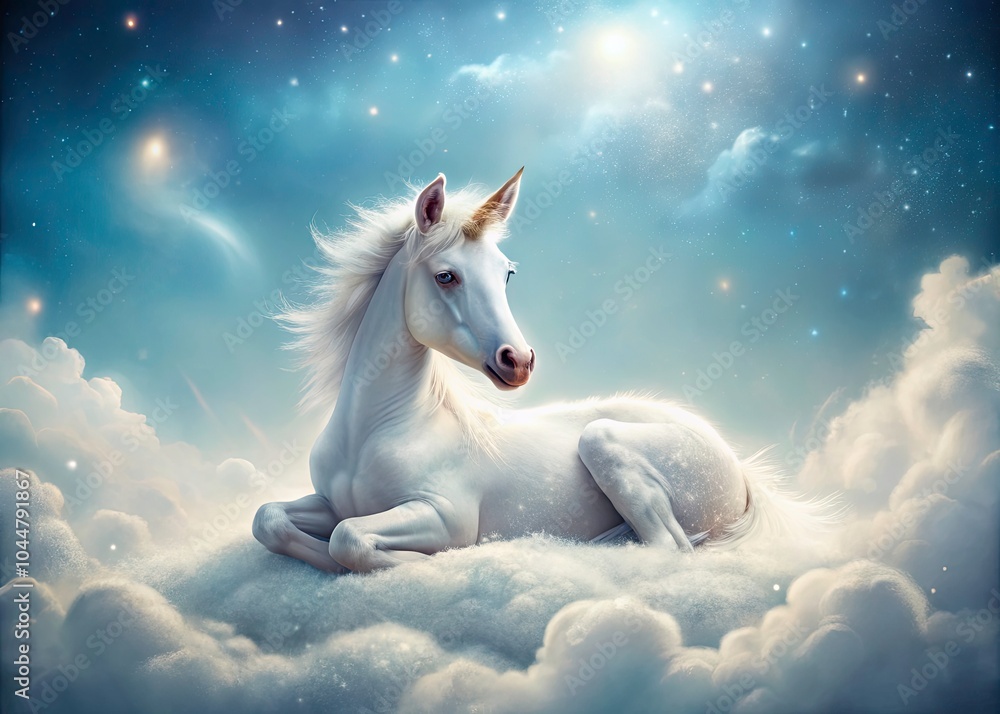 Dreamy Surreal Photography of a Newborn Unicorn Lying on a Soft Cloud in a Light Blue Sky, Surrounded by Fluffy Clouds, Capturing Whimsical Elements of Fantasy and Imagination Dreamy Surreal Photography of a Newborn Unicorn Lying on a Soft Cloud in a Light Blue Sky, Surrounded by Fluffy Clouds, Capturing Whimsical Elements of Fantasy and Imagination