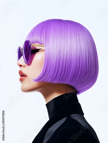 A fashionable Japanese woman in her 20s, 30s, with a curled lavender bob, paired with a sleek, modern outfit photo