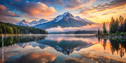 Serene mountain lake at dawn with snow capped mountain in background