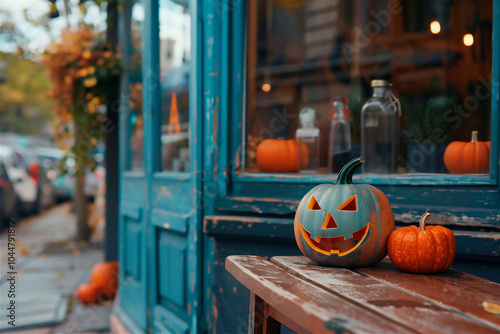 AI-generated photo with Halloween street outdoor decoration. On an autumn city background