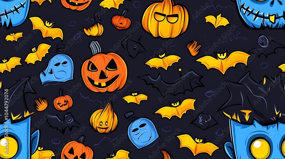 Colorful Halloween Pattern with Monsters and Pumpkins Colorful Halloween Pattern with Monsters and Pumpkins