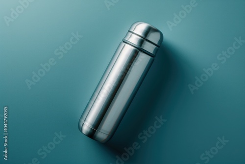 Stainless steel thermos resting on a teal background in soft lighting photo