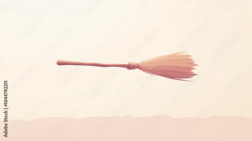 A wooden broomstick with a straw broom head is flying through the air. A wooden broomstick with a straw broom head is flying through the air.