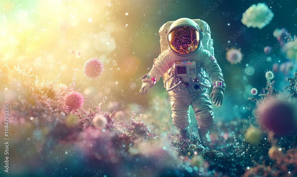 Astronaut walks on a field of glowing cells. Astronaut walks on a field of glowing cells.