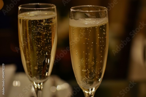 Two champagne flutes are standing on a table, filled with sparkling champagne and ready to be enjoyed