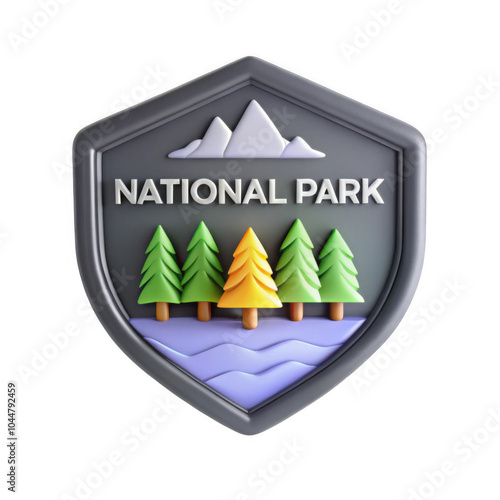 A colorful 3D model representing a national park badge, featuring mountains and trees surrounded by water, ideal for outdoor nature themes. photo