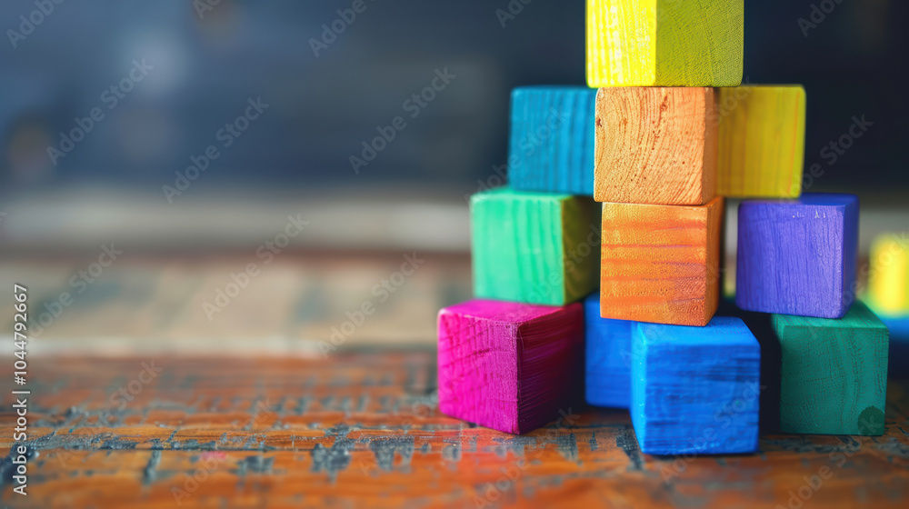 Colorful wooden blocks stacked creatively on rustic wooden surface, showcasing playful and artistic arrangement. vibrant colors add cheerful touch to scene Colorful wooden blocks stacked creatively on rustic wooden surface, showcasing playful and artistic arrangement. vibrant colors add cheerful touch to scene