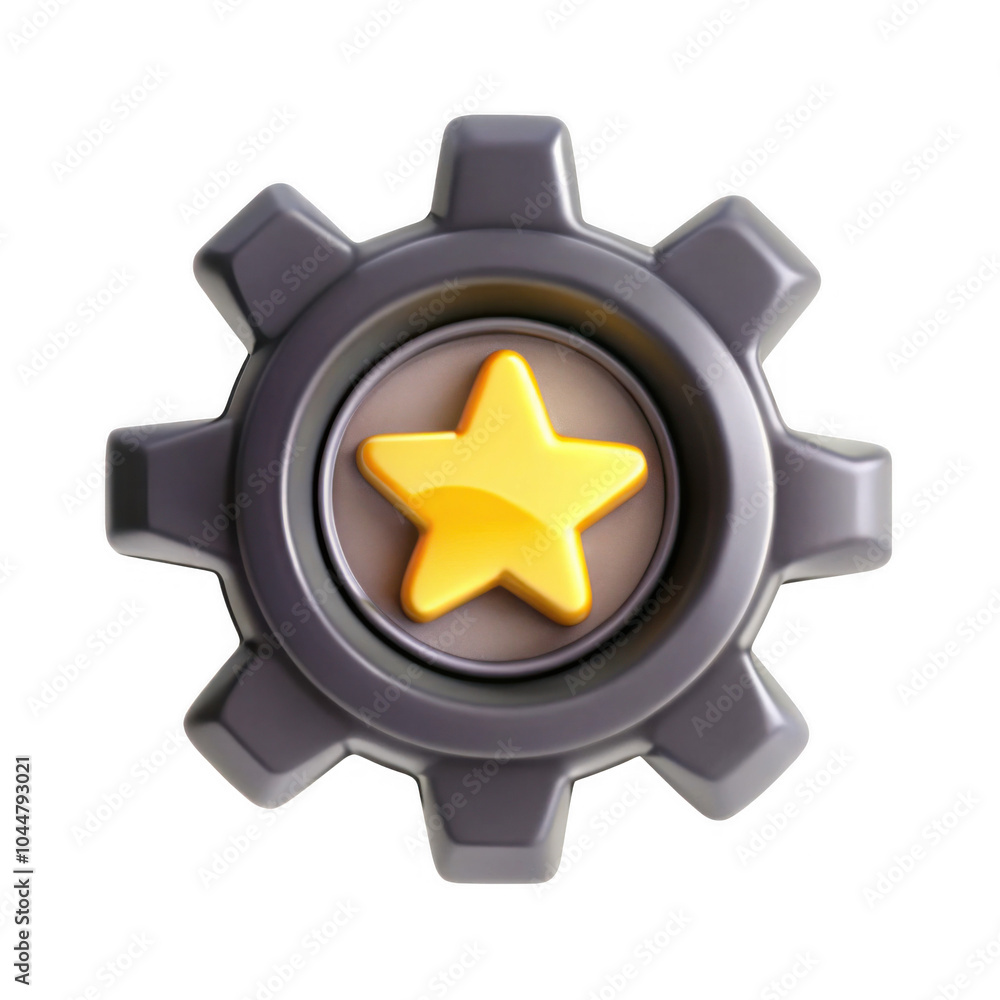 A 3D rendered gear featuring a yellow star at its center. It is portrayed against a transparent background for an isolated look. A 3D rendered gear featuring a yellow star at its center. It is portrayed against a transparent background for an isolated look.