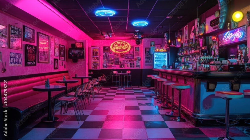A vibrant retro bar scene with neon lights and checkered flooring, designed for leisure. A vibrant retro bar scene with neon lights and checkered flooring, designed for leisure.