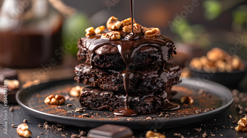 Chocolate spongy brownie cakes with walnuts and melted chocolate topping on a stack photo