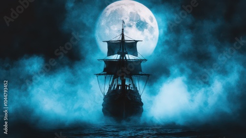 A mysterious ghost ship sails through misty waters under a haunting full moon, creating an eerie maritime atmosphere.