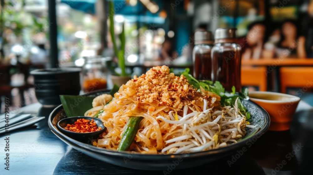 Light Pad Thai with Chili Flakes on Ceramic Plate Light Pad Thai with Chili Flakes on Ceramic Plate