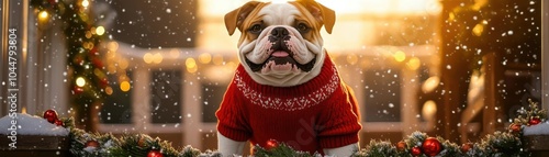 A bulldog in a red festive sweater, standing on a porch with holiday garlands, snow falling softly, golden hour sunlight, wideangle view, ultraclear photorealistic scene photo