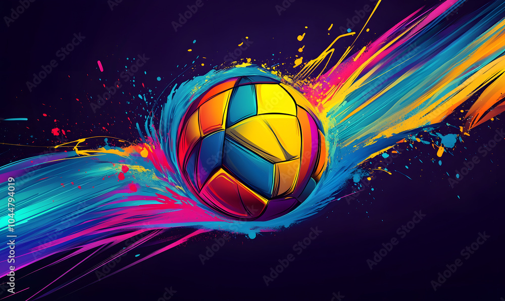Fototapeta premium Dynamic Volleyball Action with Neon Lights and Abstract Geometric Patterns for Futuristic Sports Branding