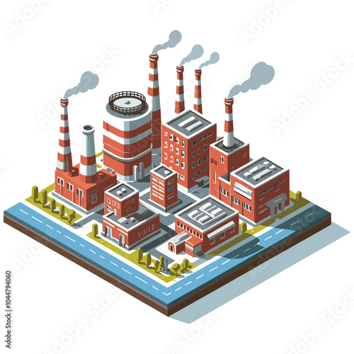 Isometric industrial cityscape illustration, colorful, represents urban development model