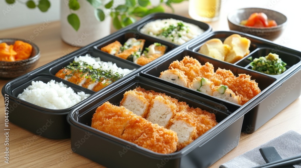 Modern Bento Boxes with Katsu and Rice in Dining Room Modern Bento Boxes with Katsu and Rice in Dining Room