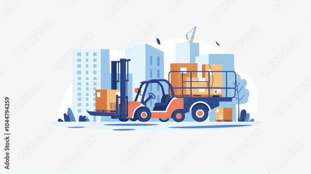 Efficient logistics and delivery concept illustrated with forklift moving packages in urban setting, showcasing modern transportation solutions Efficient logistics and delivery concept illustrated with forklift moving packages in urban setting, showcasing modern transportation solutions