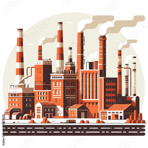 Industrial cityscape illustration in warm tones, symbolizes urban development and economy