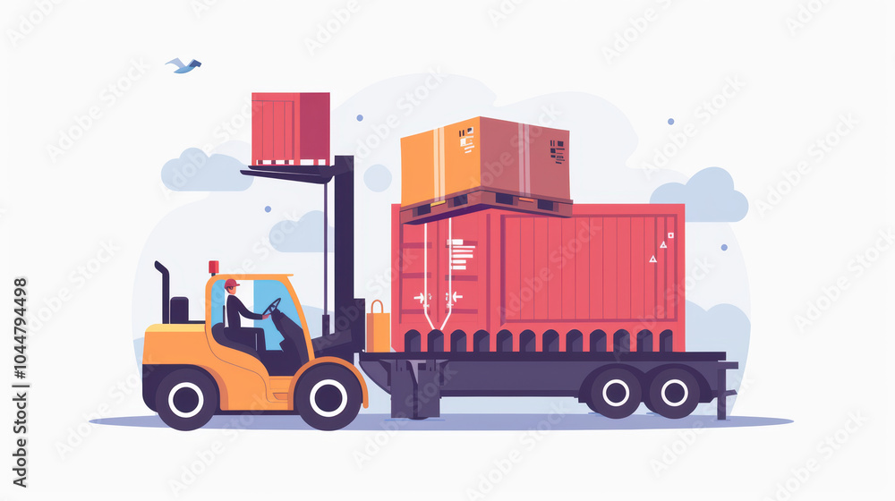 forklift loading cargo containers onto truck in shipping yard, showcasing logistics and transportation. scene is vibrant and emphasizes efficiency in freight handling forklift loading cargo containers onto truck in shipping yard, showcasing logistics and transportation. scene is vibrant and emphasizes efficiency in freight handling