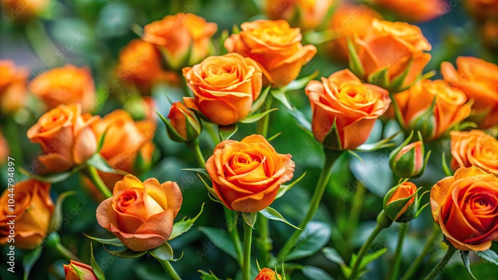 Vibrant image of small orange roses on long green stems against a bright yellow background Vibrant image of small orange roses on long green stems against a bright yellow background