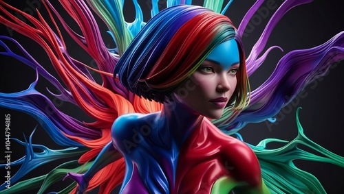 Vibrant Energy in a Surreal World Ultra Detailed 3D Abstract Female Humanoid Fused with Blended Blue Red Purple and Green Colors in a Dark Wonder Inducing Background. photo