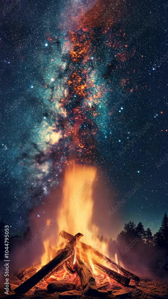 Campfire under the milky way at night, mesmerizing sky. Cosmic connection and nature concept Campfire under the milky way at night, mesmerizing sky. Cosmic connection and nature concept