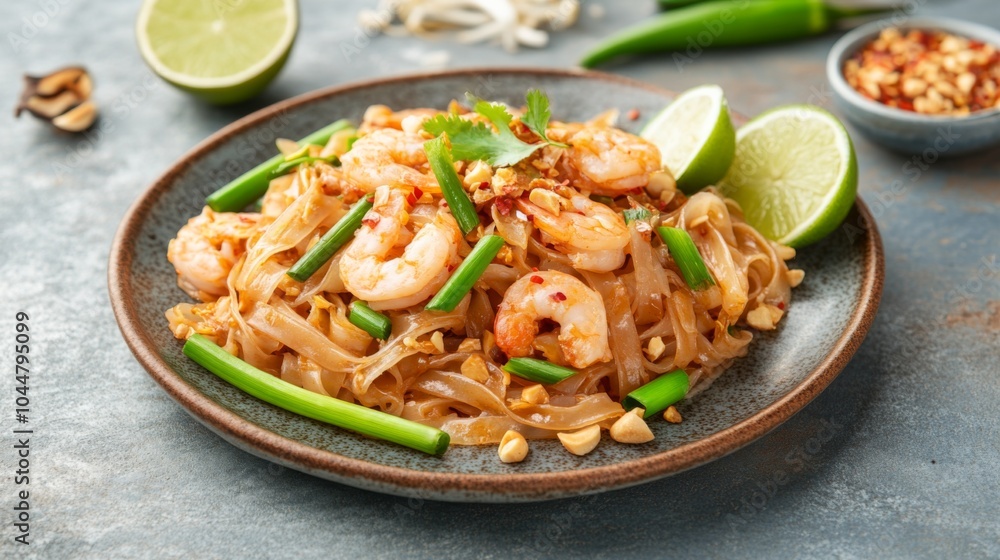Shrimp Pad Thai with Chili Flakes on Plate Shrimp Pad Thai with Chili Flakes on Plate