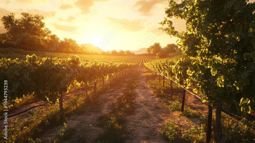 Naklejka premium A scenic vineyard at sunset, showcasing rows of grapevines and a tranquil atmosphere.