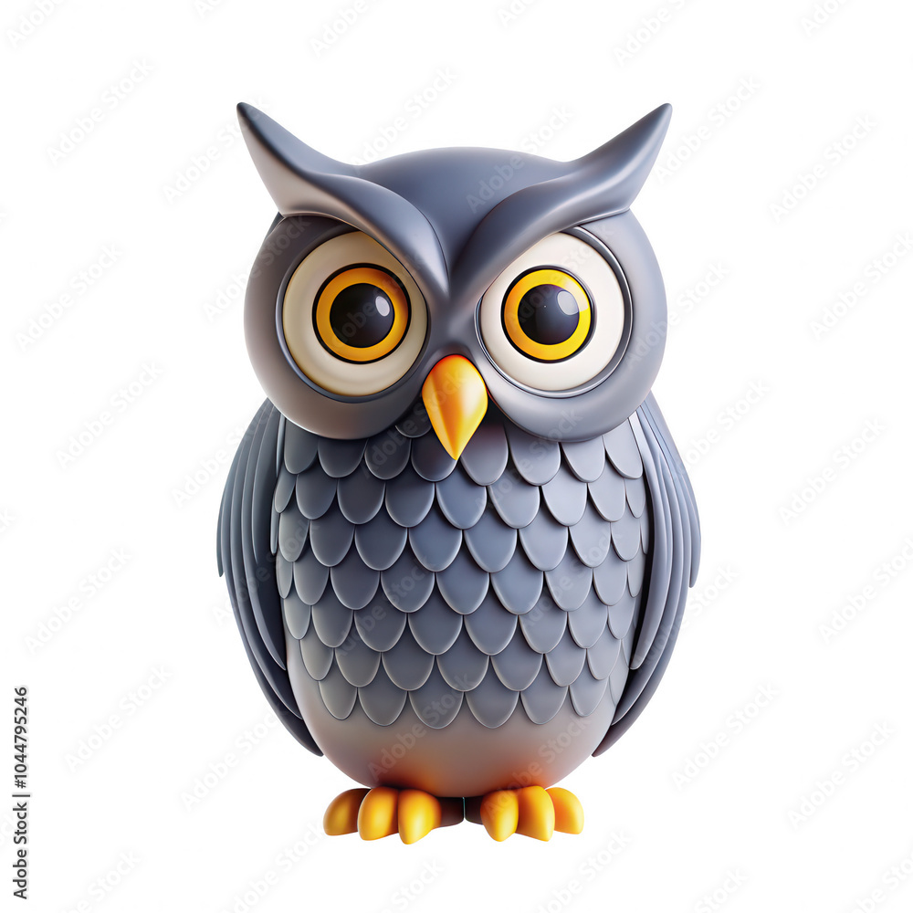 Fototapeta premium This is a 3D render of a stylized owl with big eyes, showcasing a grey color palette, perfect for icons and animation projects.