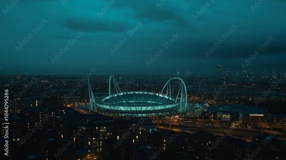 Obraz premium A stunning aerial view of a luminous stadium illuminating the night skyline, framed by a vibrant cityscape and dramatic cloudy sky.