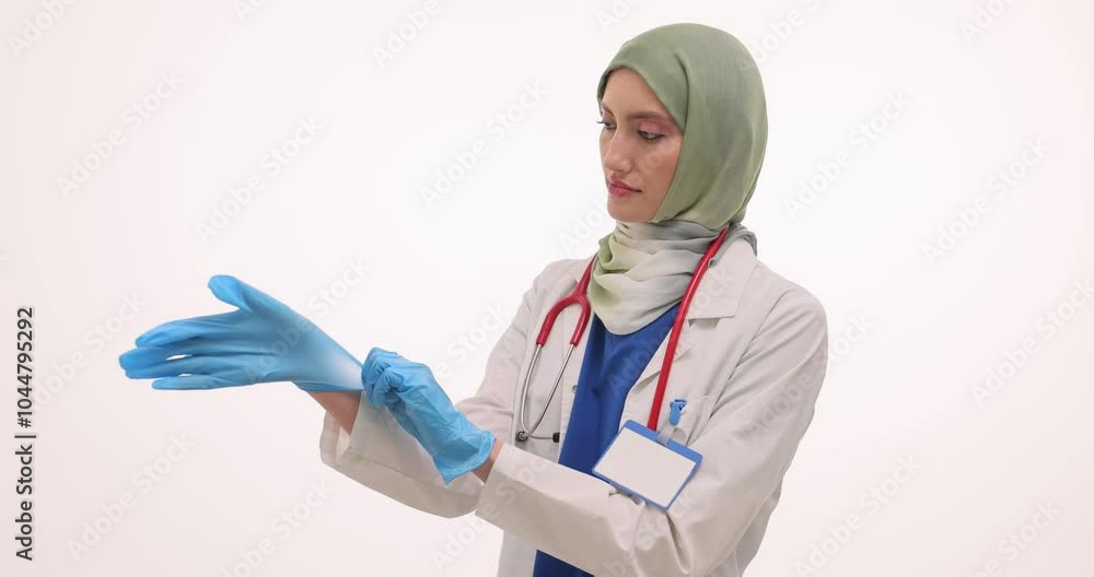 Muslim woman doctor with stethoscope puts on sterile gloves. Young ...