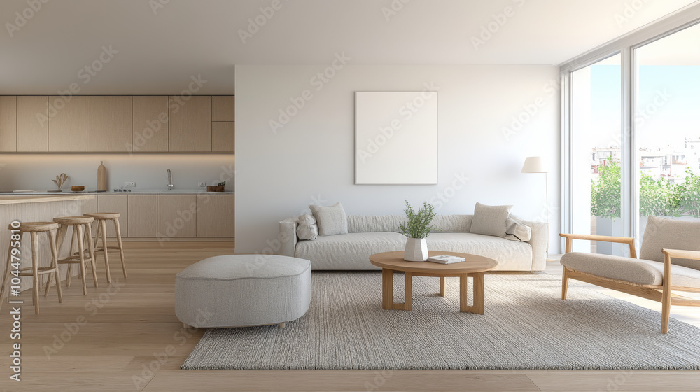 Fototapeta premium A modern living room featuring light color palette, minimalist furniture, and large windows that invite natural light. cozy atmosphere is enhanced by soft rug and stylish decor
