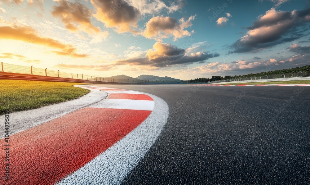 Fototapeta premium Race track corner under a cloudy sky.