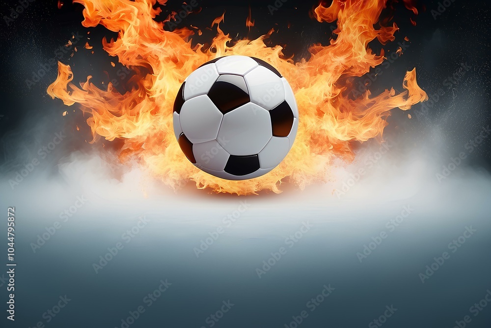Naklejka premium intense soccer ball engulfed in fiery flames with a dramatic smoke effect