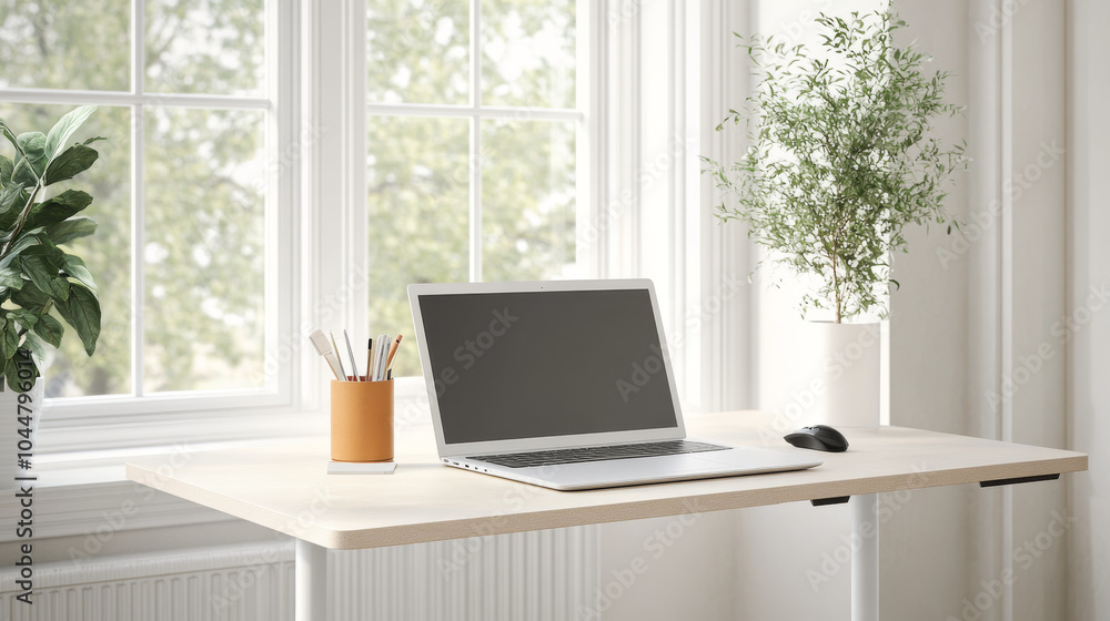 A modern workspace featuring sleek laptop on minimalist desk, surrounded by greenery and natural light. setup promotes productivity and calming atmosphere A modern workspace featuring sleek laptop on minimalist desk, surrounded by greenery and natural light. setup promotes productivity and calming atmosphere