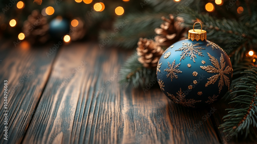 Fototapeta premium Christmas Ornament With Fir Branches And Lights against old wooden background