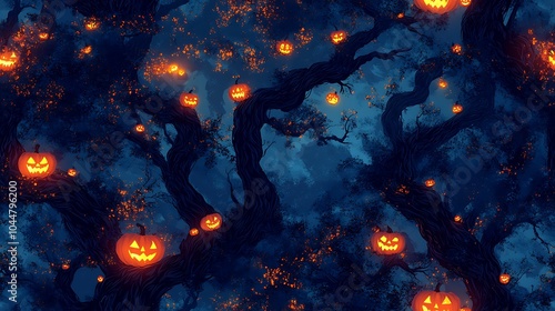 Obraz na płótnie Twisted Trees with Pumpkin Faces in a Dark Forest