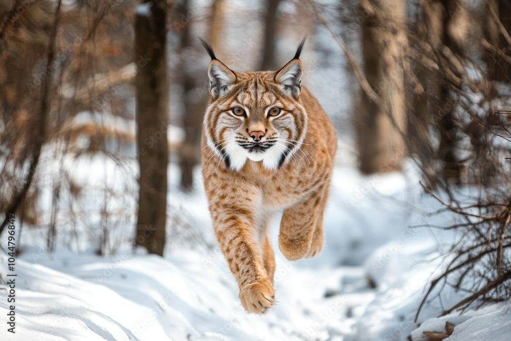 A Majestic Lynx in Full Motion: A Stunning View of Nature’s Wild Elegance Sprightly Bounding Through a Snowy Forest Landscape. A Majestic Lynx in Full Motion: A Stunning View of Nature’s Wild Elegance Sprightly Bounding Through a Snowy Forest Landscape.