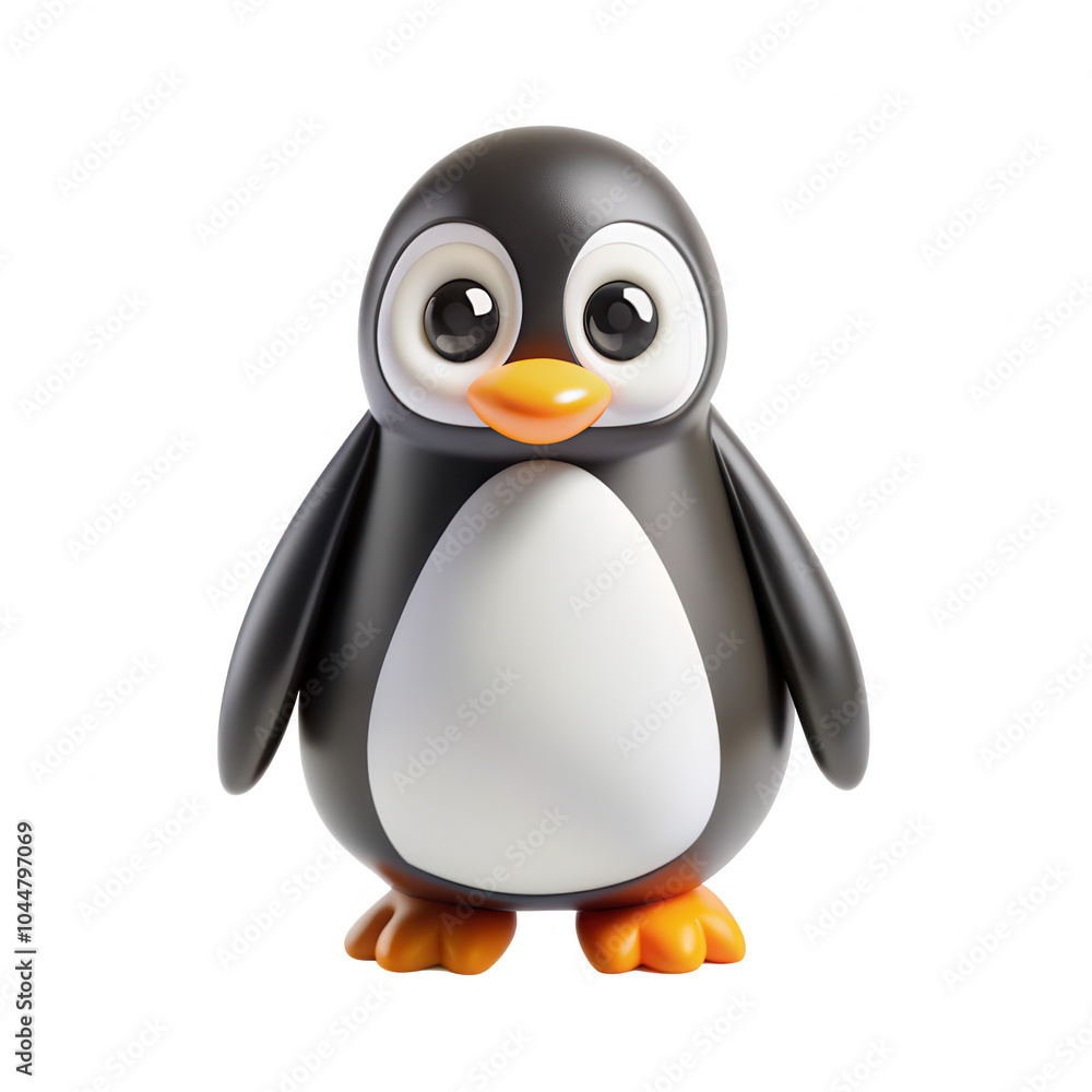 Fototapeta premium This image features a charming 3D rendered penguin character with big eyes and an orange beak, perfect for animations or children's projects.
