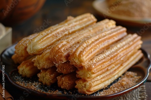 Delicious churros covered with sugar forming a delicious mountain of churros