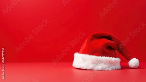 A classic red Santa Claus hat with a white pom-pom on a red background with copy space photo