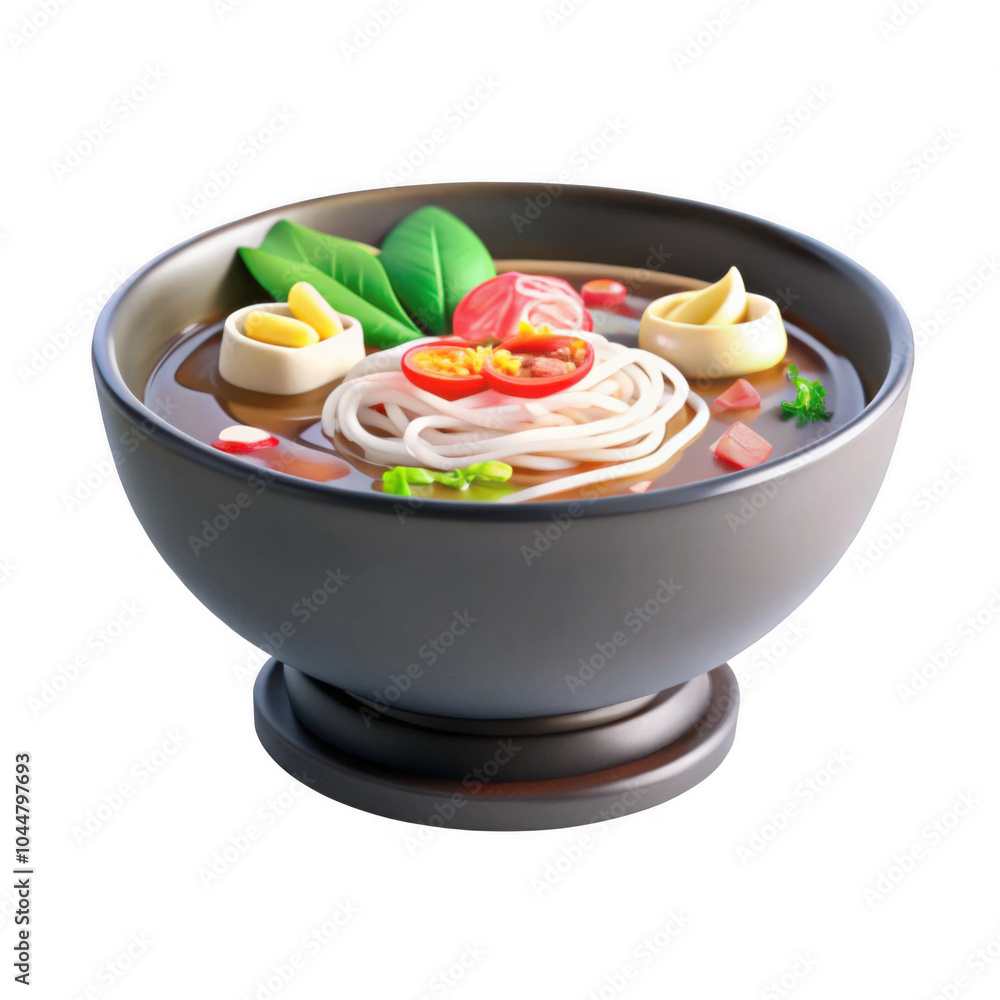 A beautifully rendered 3D model of an Asian noodle soup dish with vibrant ingredients including noodles, vegetables, and a rich broth. A beautifully rendered 3D model of an Asian noodle soup dish with vibrant ingredients including noodles, vegetables, and a rich broth.